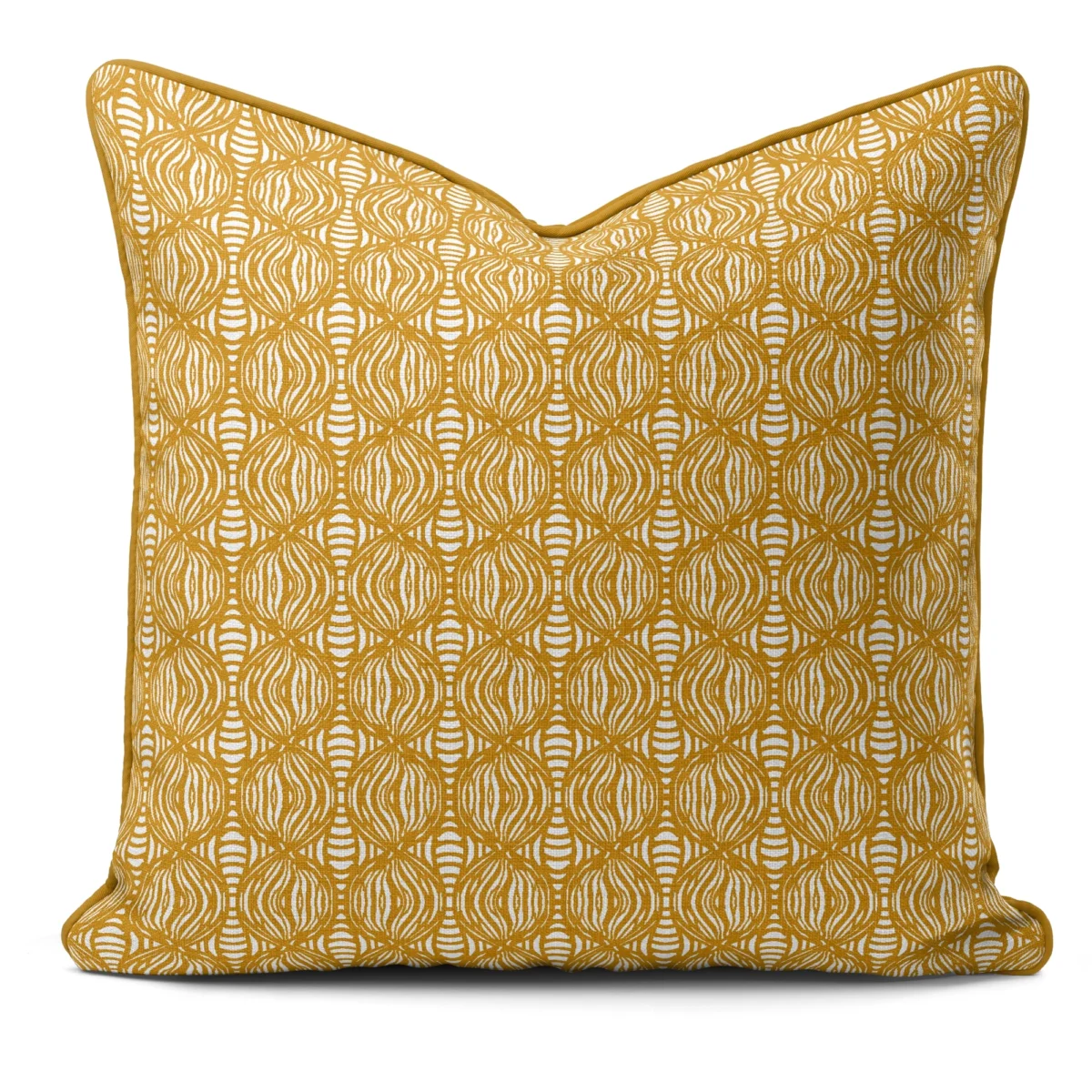 Hand-printed yellow shimmering pearls cushion, organic fabric
