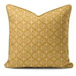 Hand-printed yellow shimmering pearls cushion, organic fabric