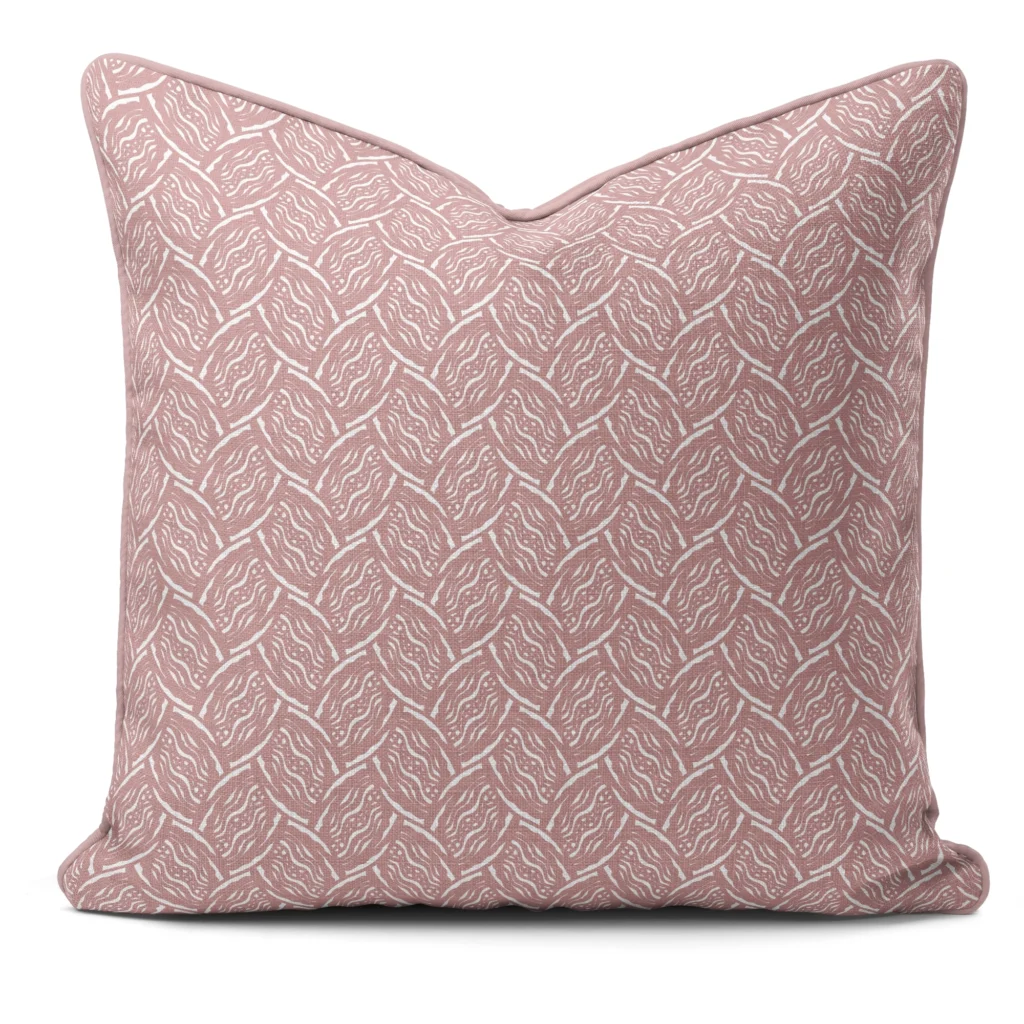 Hand-printed pink seed pod cushion, organic fabric