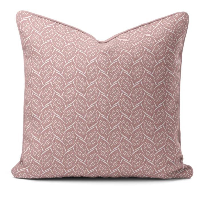 Hand-printed pink seed pod cushion, organic fabric