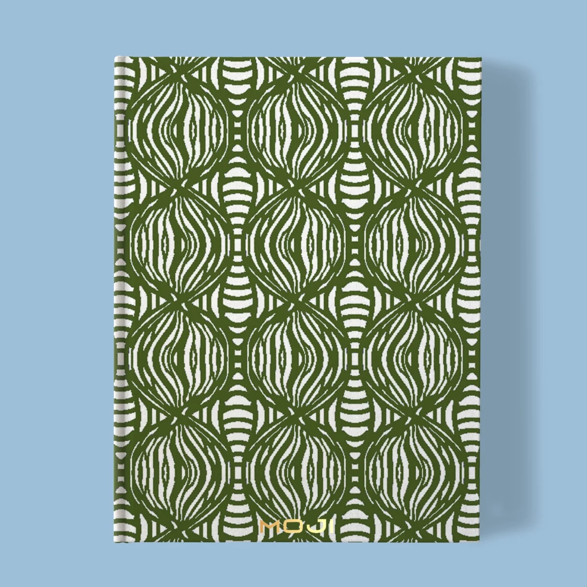 Hand-printed sage green shimmering pearls notebook, organic fabric