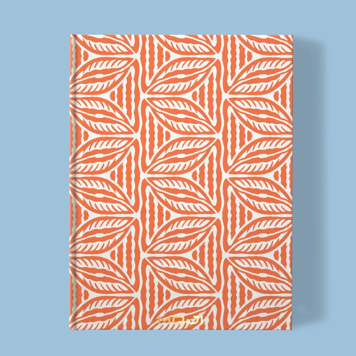 Hand-printed orange Cottage Leaves notebook, organic fabric