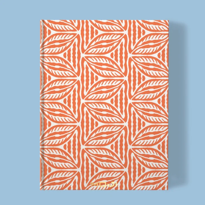 Hand-printed orange Cottage Leaves notebook, organic fabric