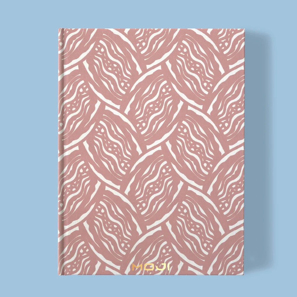 Hand-printed navy pink seed pod notebook, organic fabric