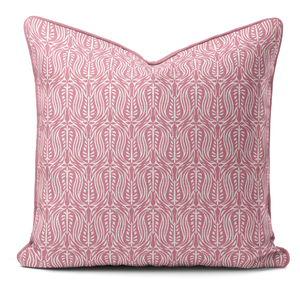 Hand-printed pink wild tulip cushion, organic fabric