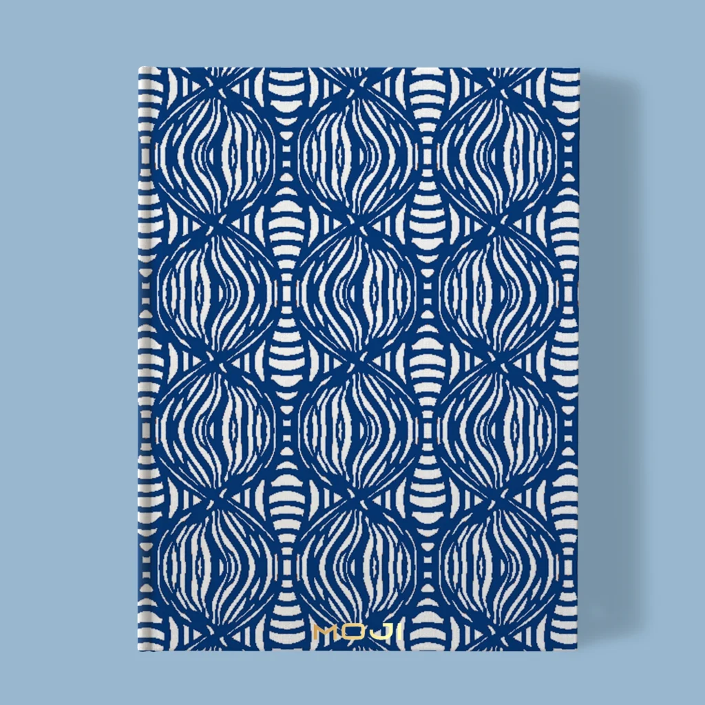 Hand-printed navy blue teal Shimmering Pearls notebook, organic fabric