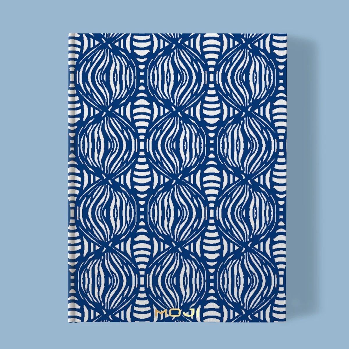 Hand-printed navy blue teal Shimmering Pearls notebook, organic fabric