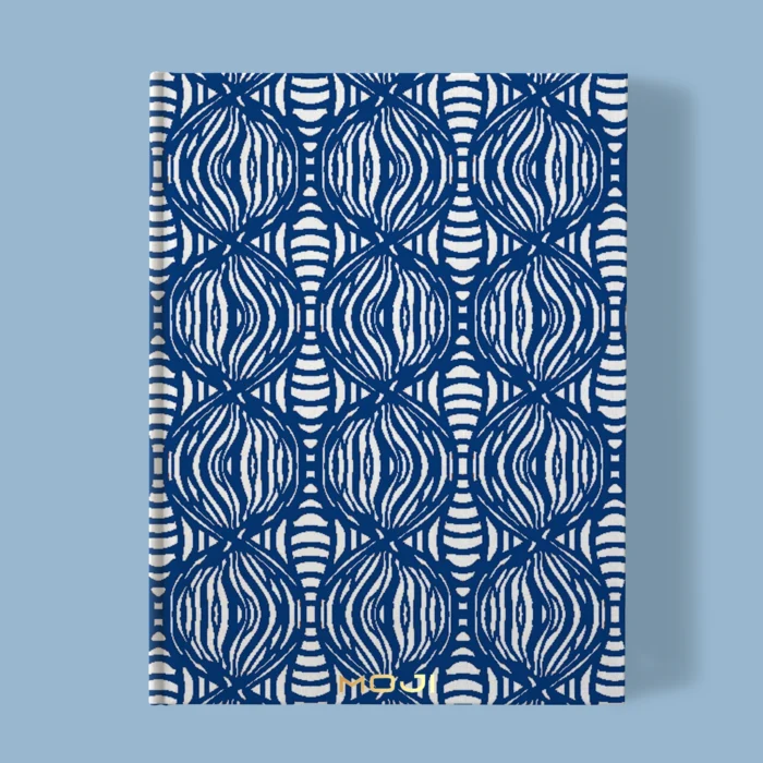 Hand-printed navy blue teal Shimmering Pearls notebook, organic fabric