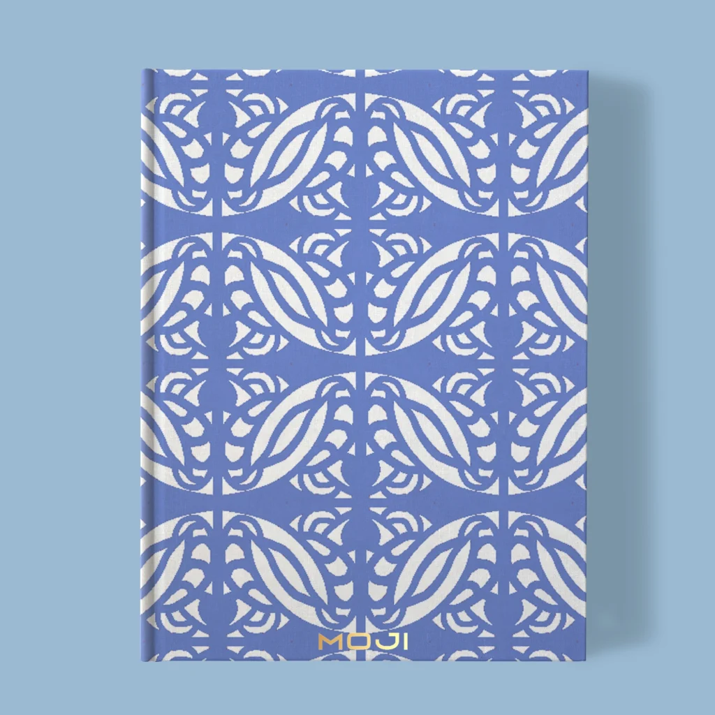 Hand-printed blue persian love birds notebook, organic fabric