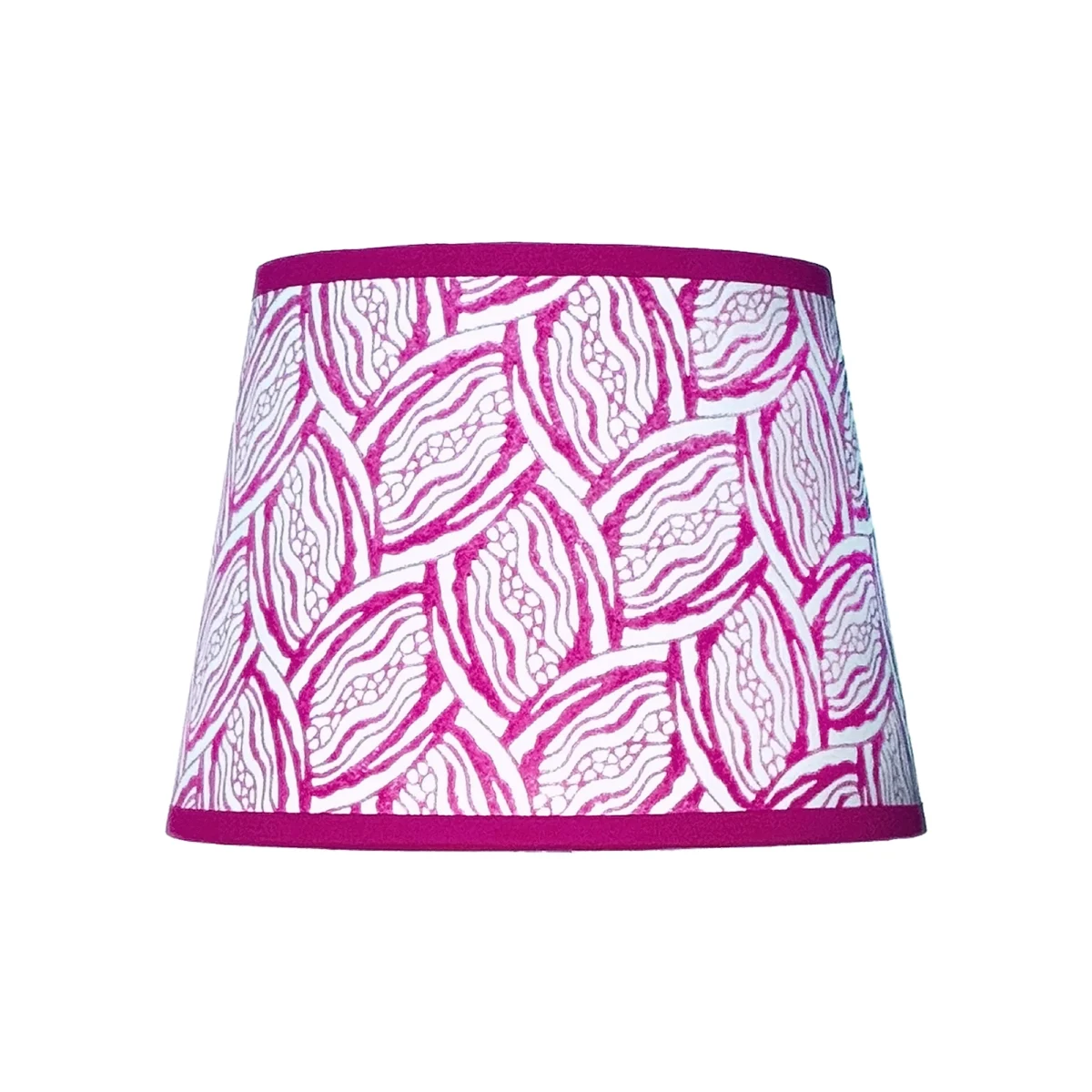 Hand-printed cerise seed pod lampshade, hand-printed paper
