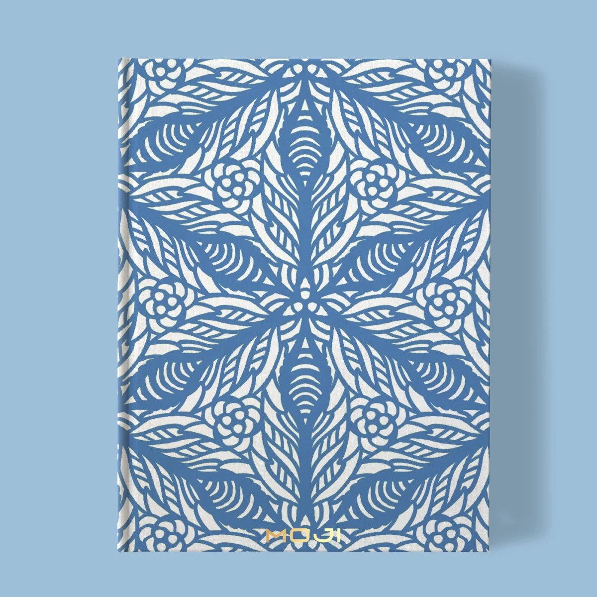 Hand-printed blue persian lily notebook, organic fabric