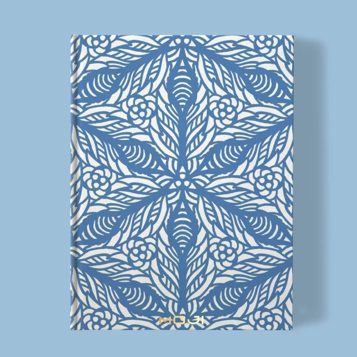 Hand-printed blue persian lily notebook, organic fabric