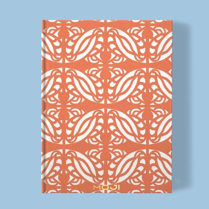 Hand-printed coral persian love birds notebook, organic fabric