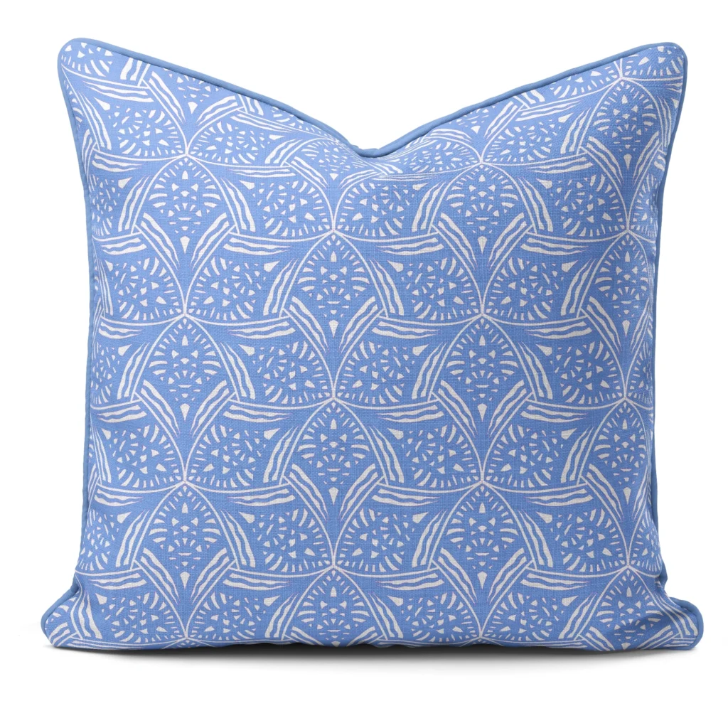 Hand-printed blue evening lavendar cushion, organic fabric