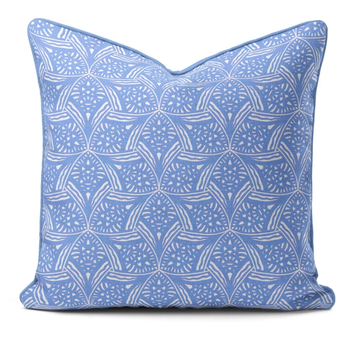 Hand-printed blue evening lavendar cushion, organic fabric