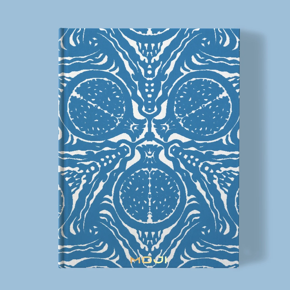 Hand-printed blue pomegranate notebook, organic fabric