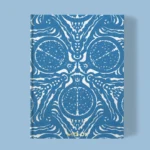 Hand-printed blue pomegranate notebook, organic fabric
