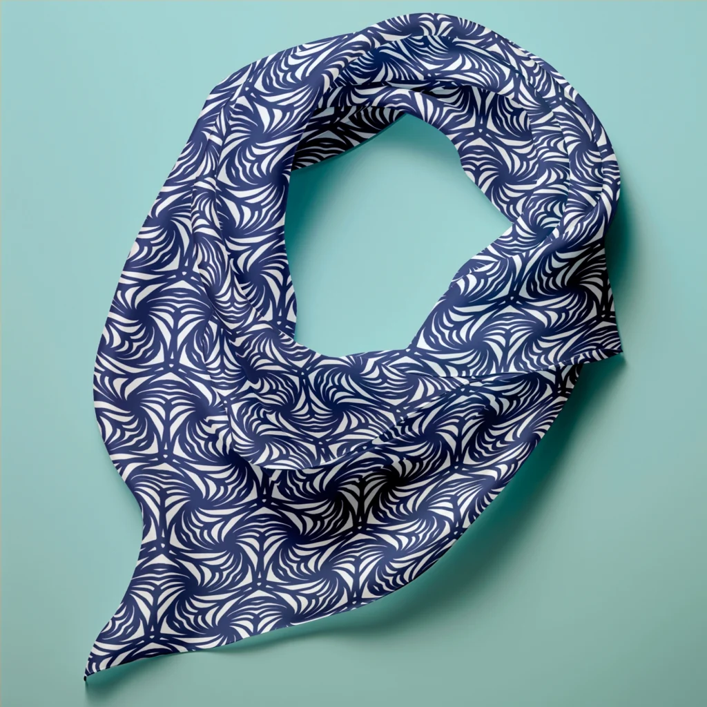 Hand-printed navy blue petal silk scarf