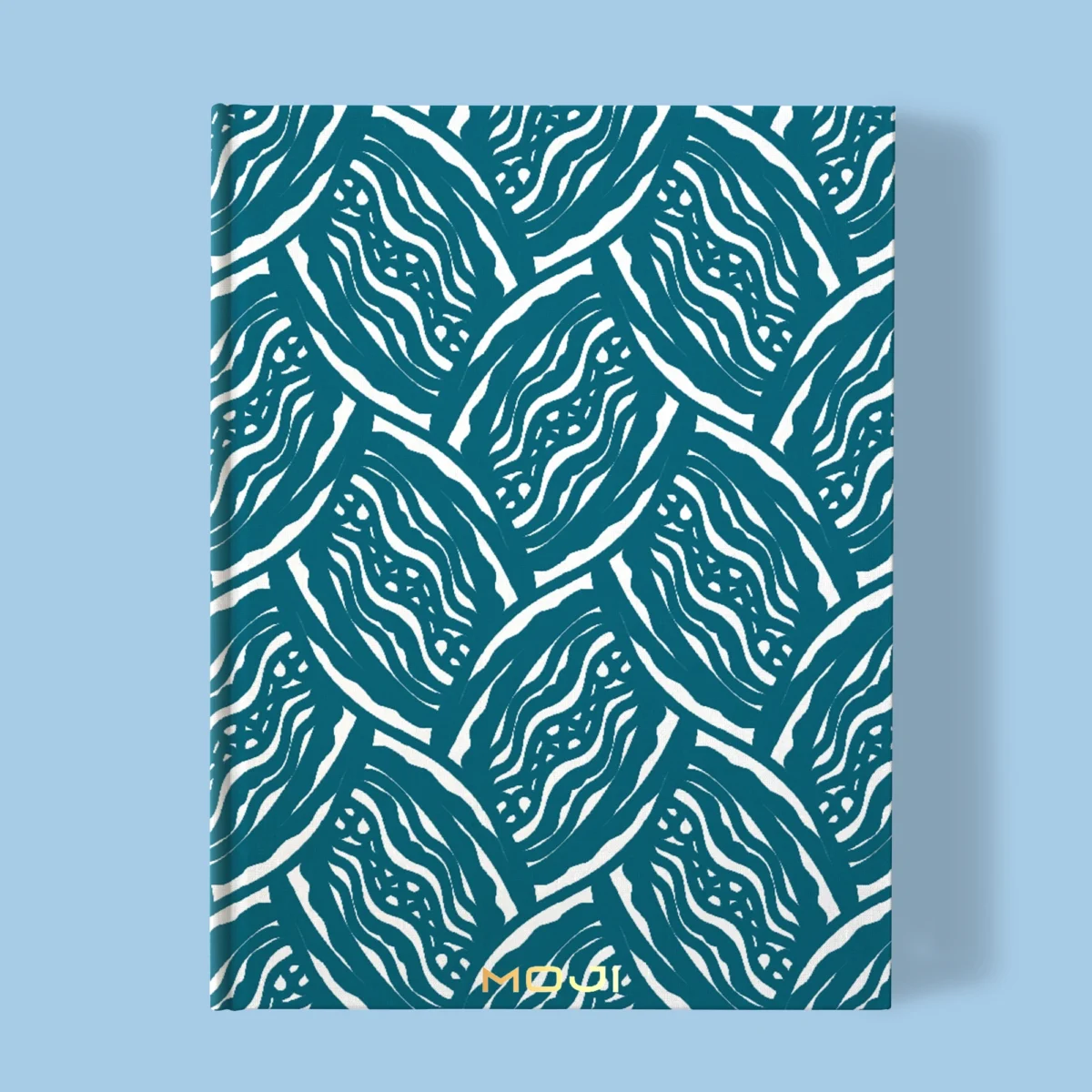 Hand-printed teal seed pod notebook, organic fabric