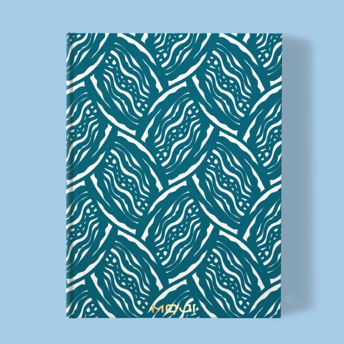 Hand-printed teal seed pod notebook, organic fabric