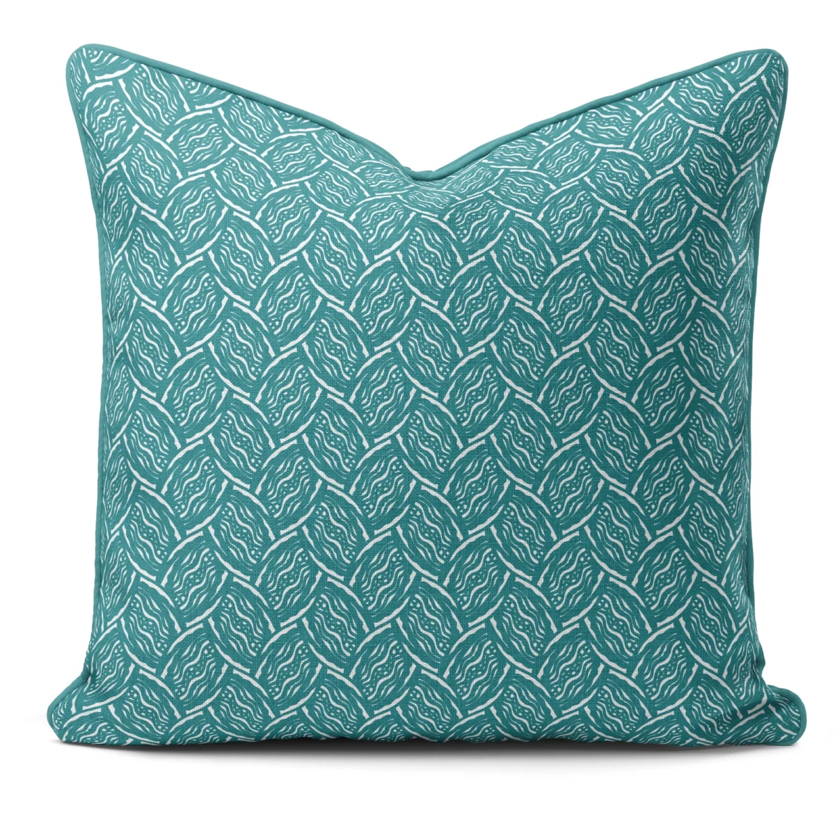 Hand-printed teal seed pod cushion, organic fabric