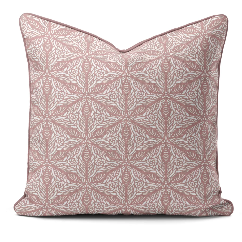 Hand-printed pink Persian lily cushion, organic fabric