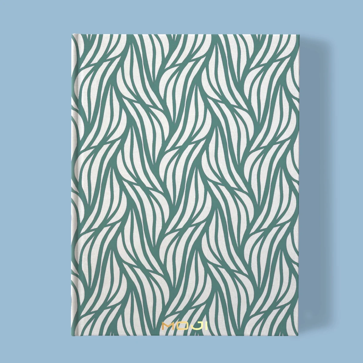 Hand-printed teal rustling willow leaves notebook, organic fabric