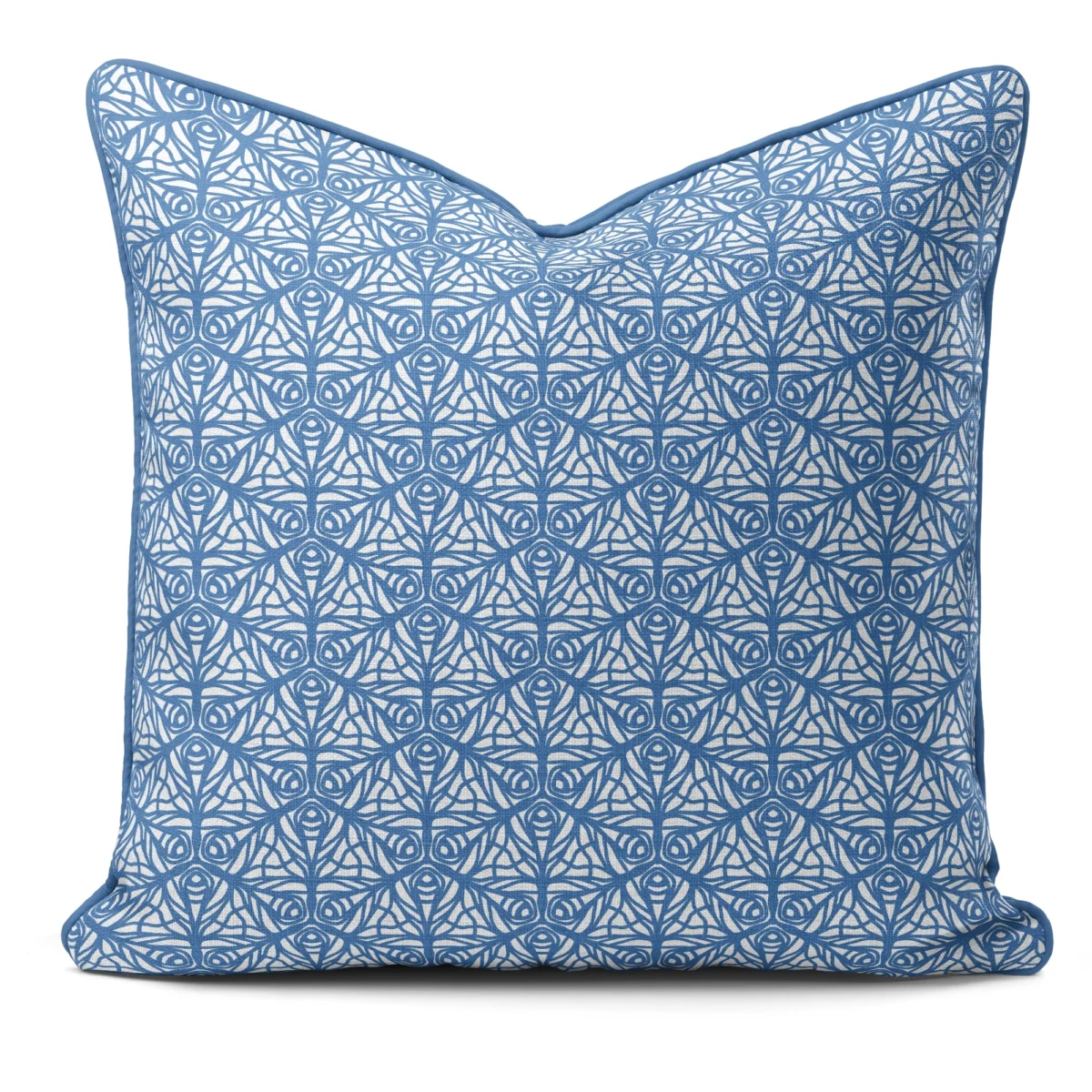 Hand-printed blue butterfly garden cushion, organic fabric