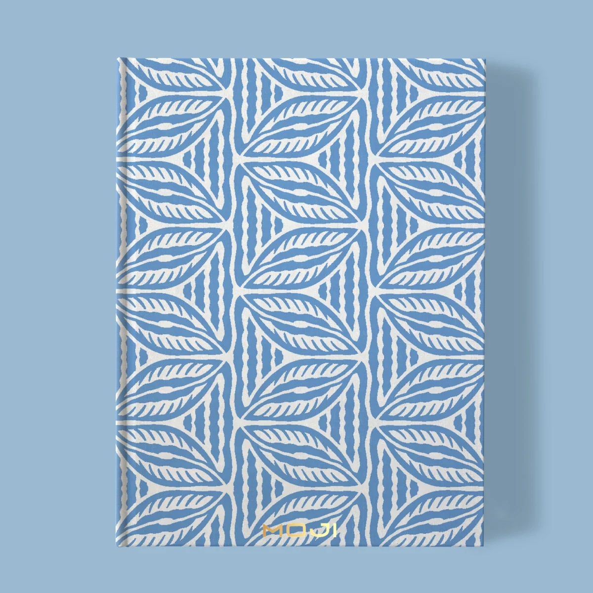 Hand-printed blue cottage leaves notebook, organic fabric