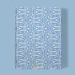 Hand-printed blue cottage leaves notebook, organic fabric