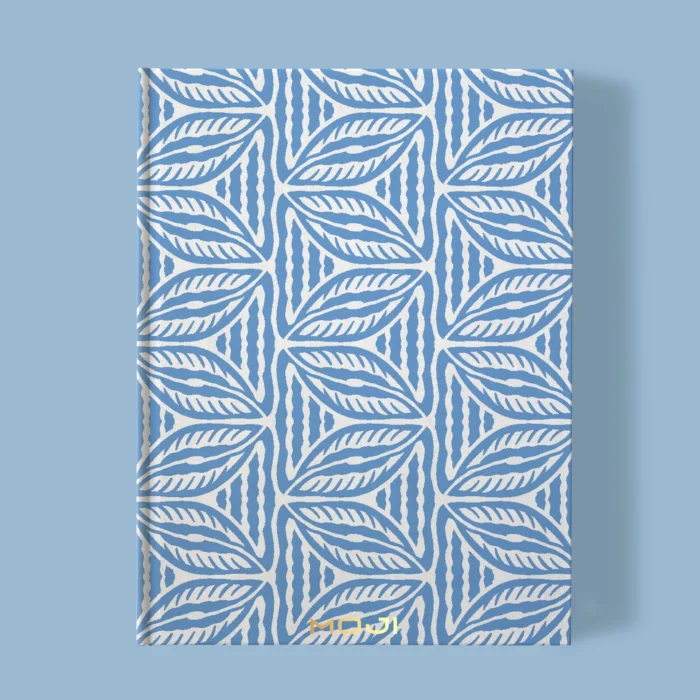 Hand-printed blue cottage leaves notebook, organic fabric