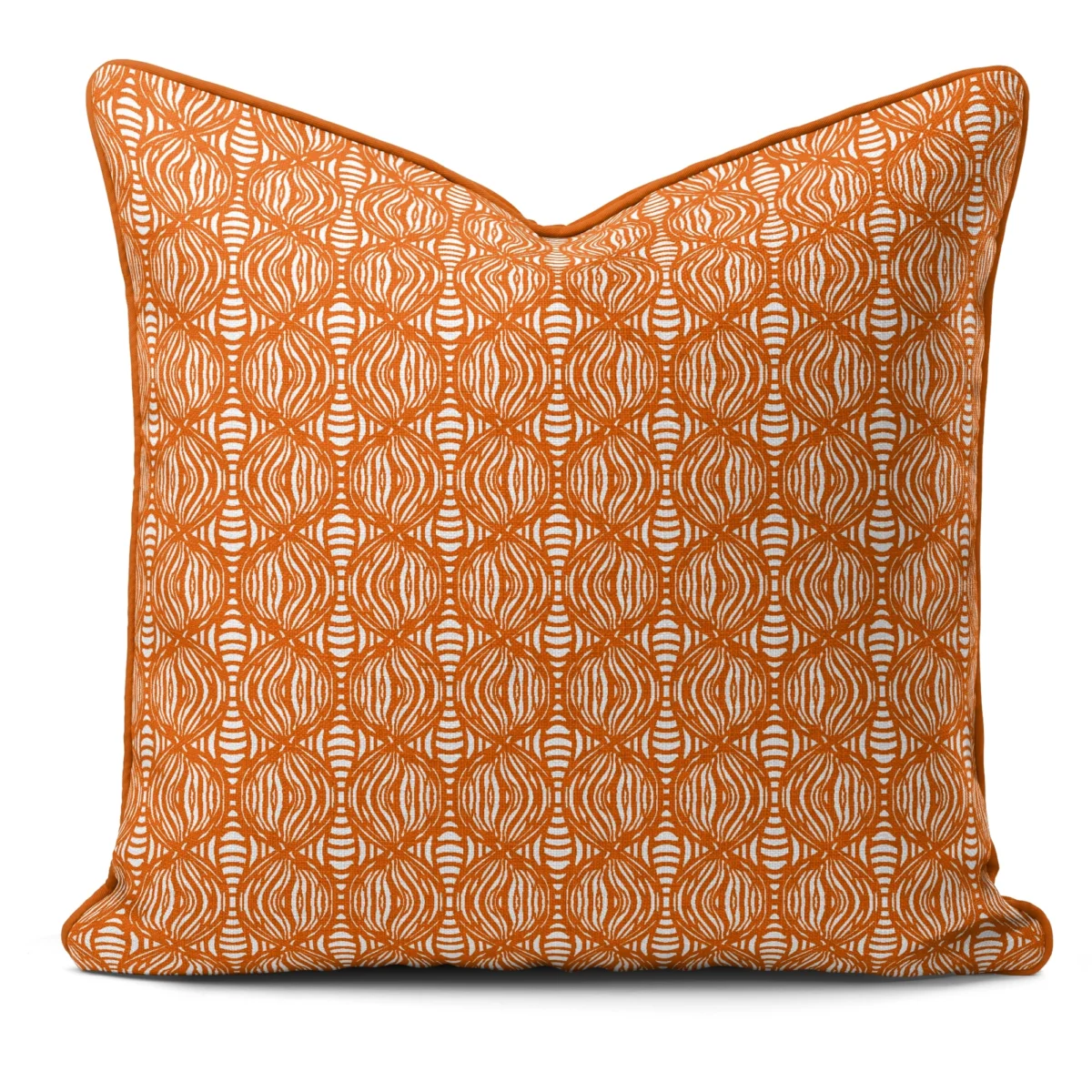 Hand-printed orange shimmering pearls cushion, organic fabric