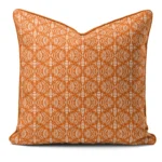 Hand-printed orange shimmering pearls cushion, organic fabric