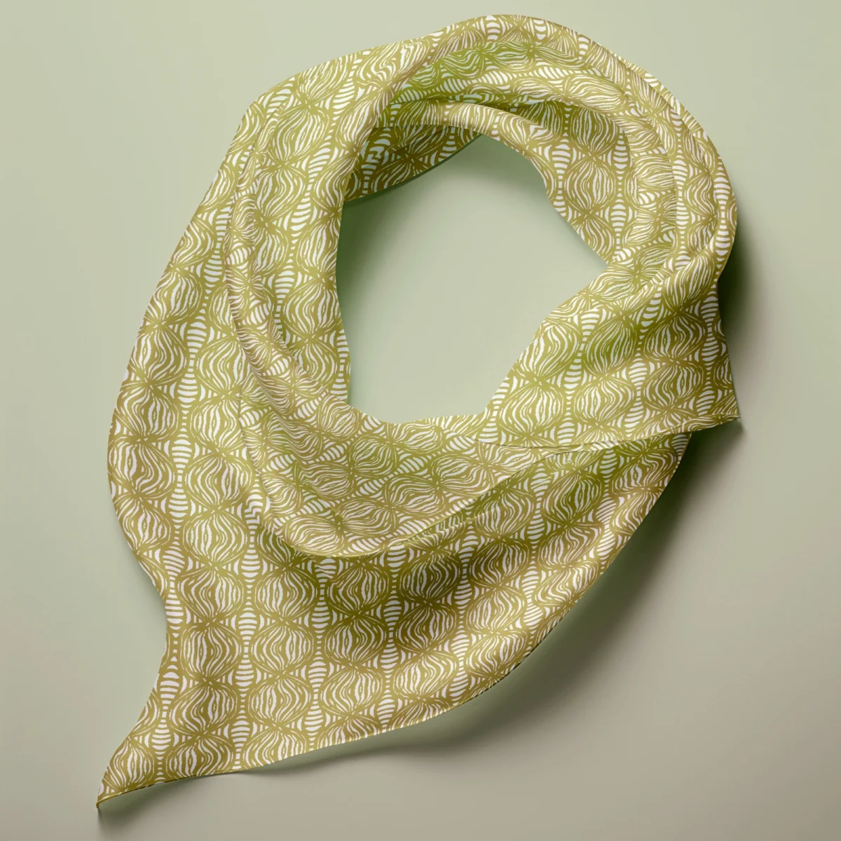 Hand-printed sage green shimmering pearls silk scarf