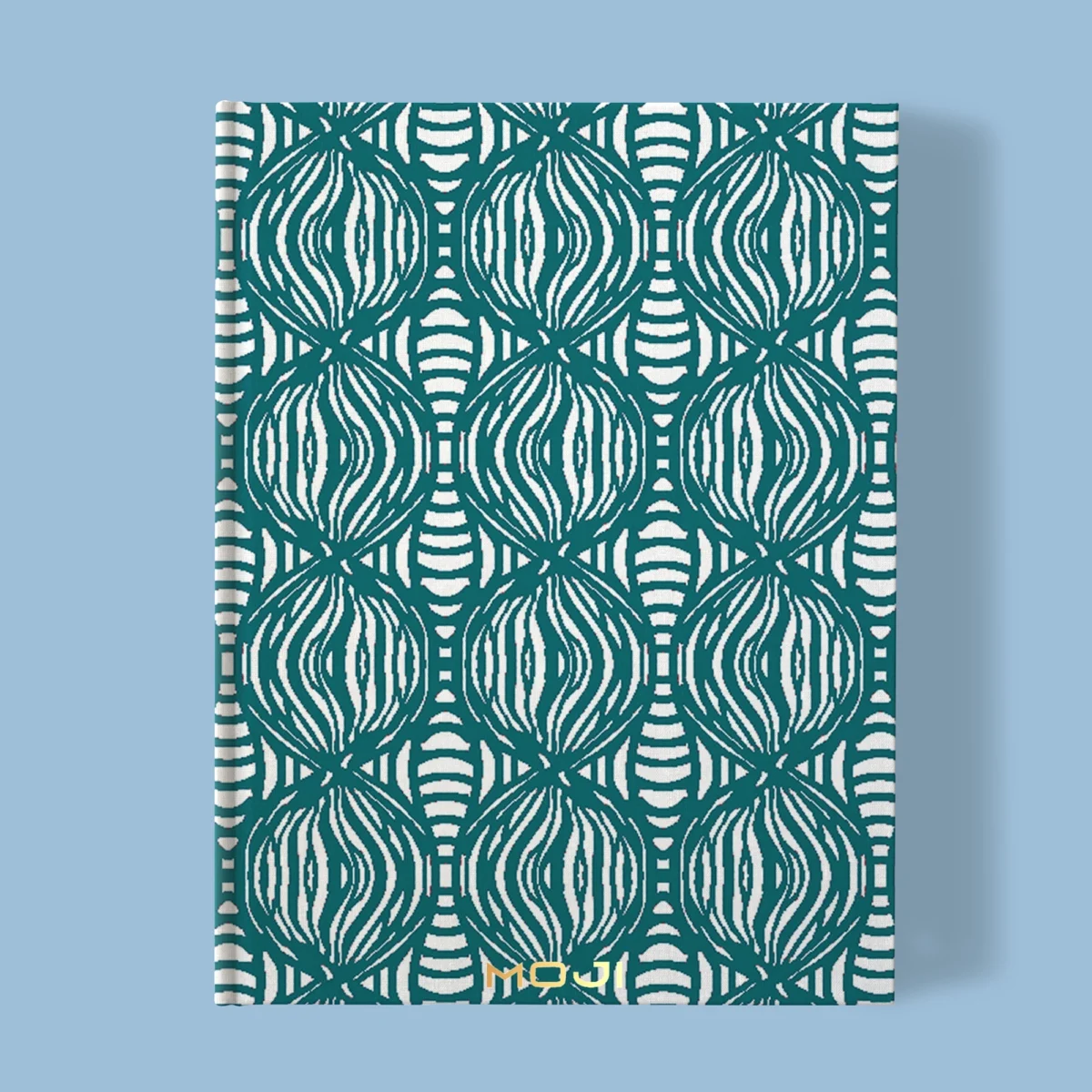 Hand-printed teal shimmering pearls notebook, organic fabric