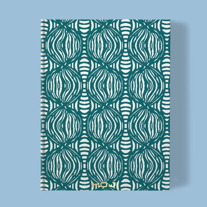 Hand-printed teal shimmering pearls notebook, organic fabric