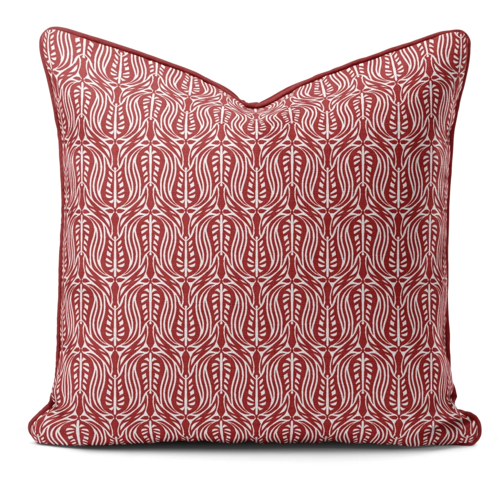Hand-printed red wild tulip cushion, organic fabric