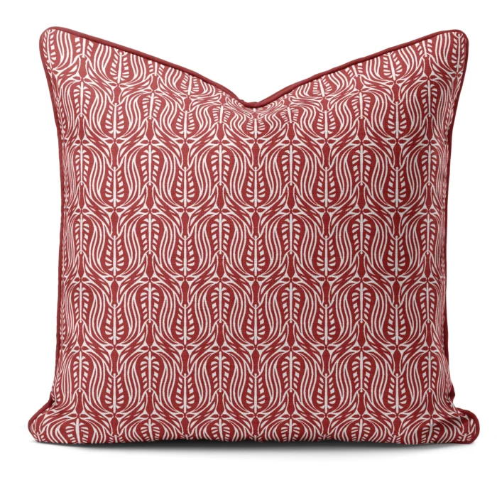 Hand-printed red wild tulip cushion, organic fabric