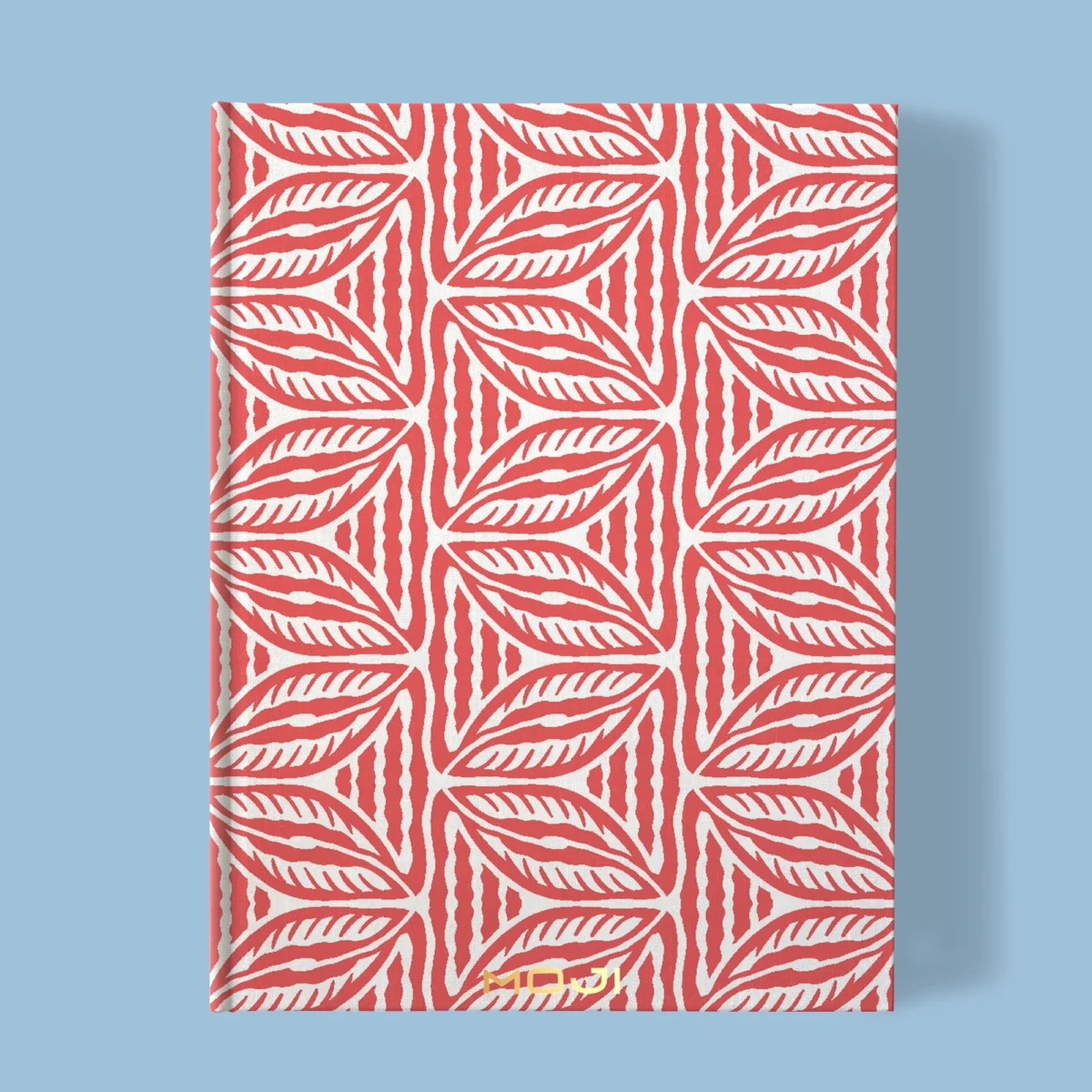 Hand-printed coral cottage leaves notebook, organic fabric