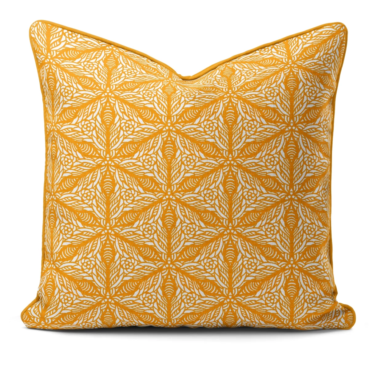 Hand-printed yellow Persian lily cushion, organic fabric