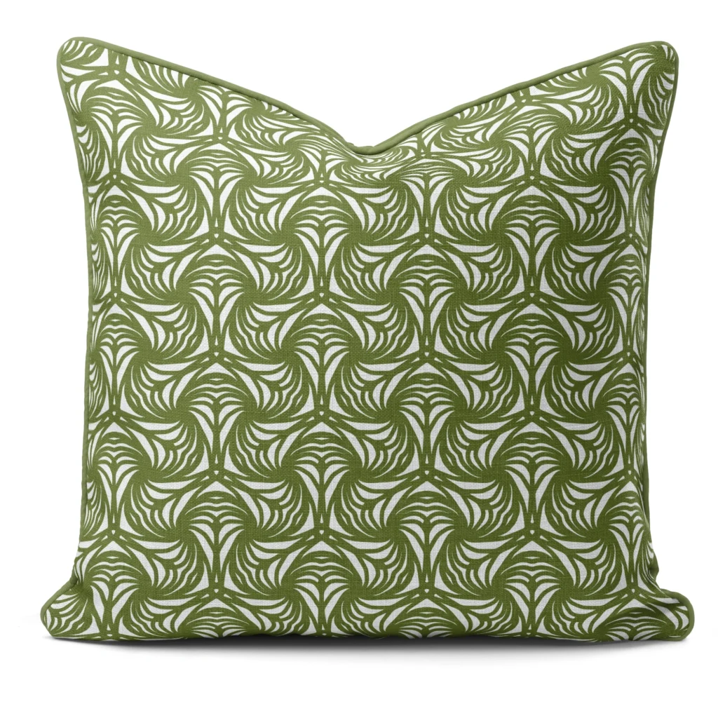 Hand-printed sage green petal cushion, organic fabric