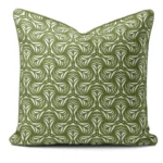 Hand-printed sage green petal cushion, organic fabric