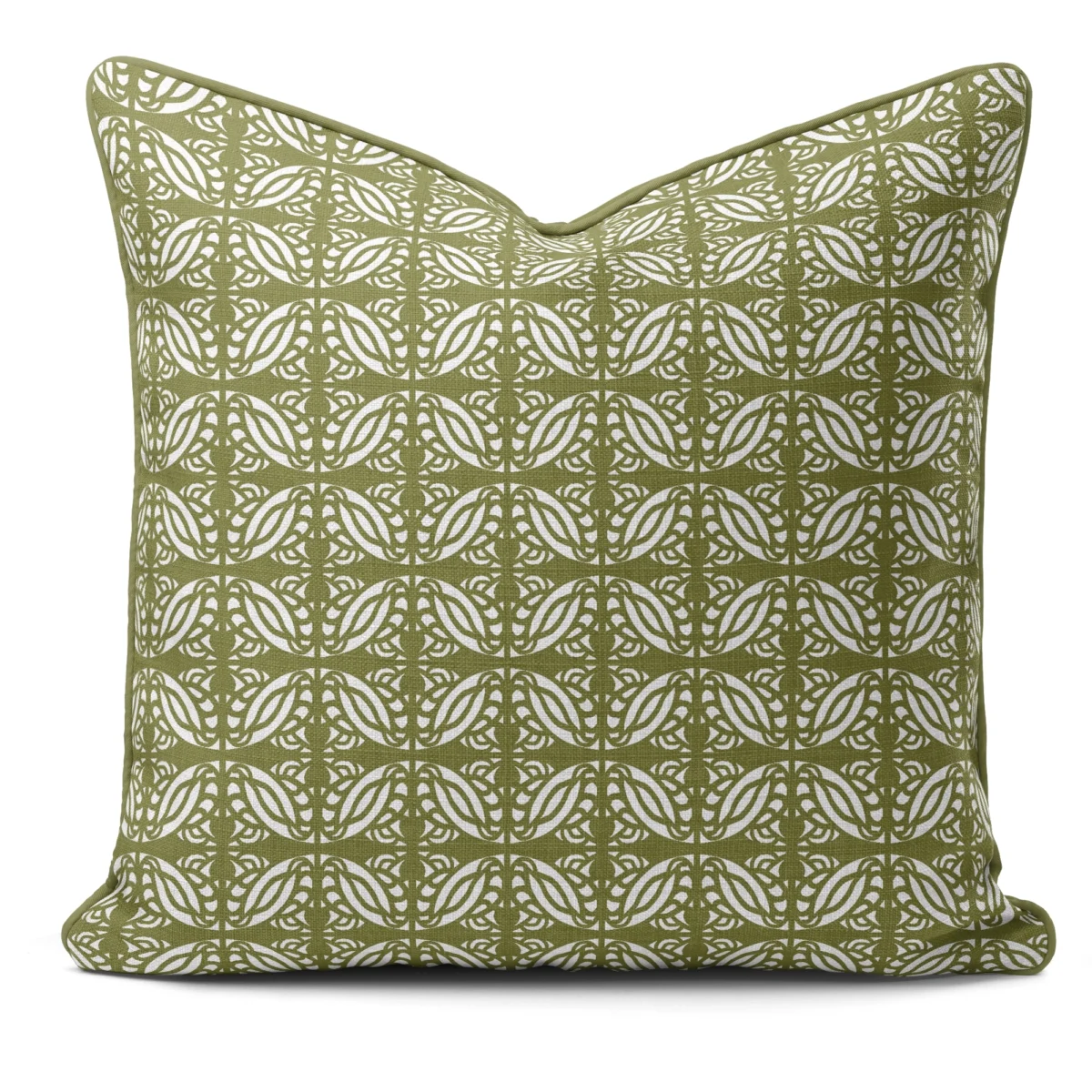 Hand-printed sage green persian love birds cushion, organic fabric