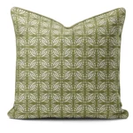Hand-printed sage green persian love birds cushion, organic fabric