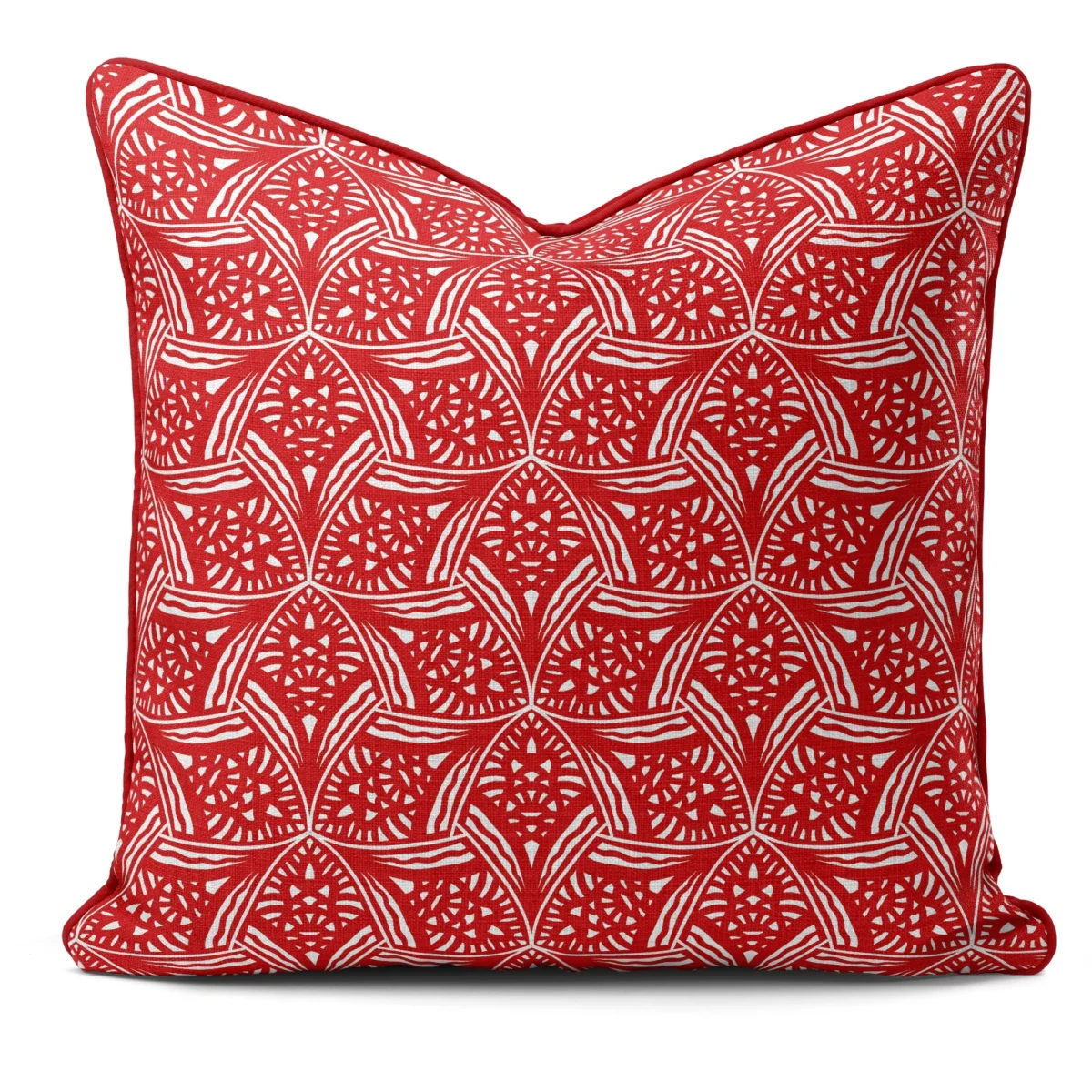 Hand-printed red evening lavendar cushion, organic fabric