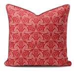 Hand-printed red evening lavendar cushion, organic fabric