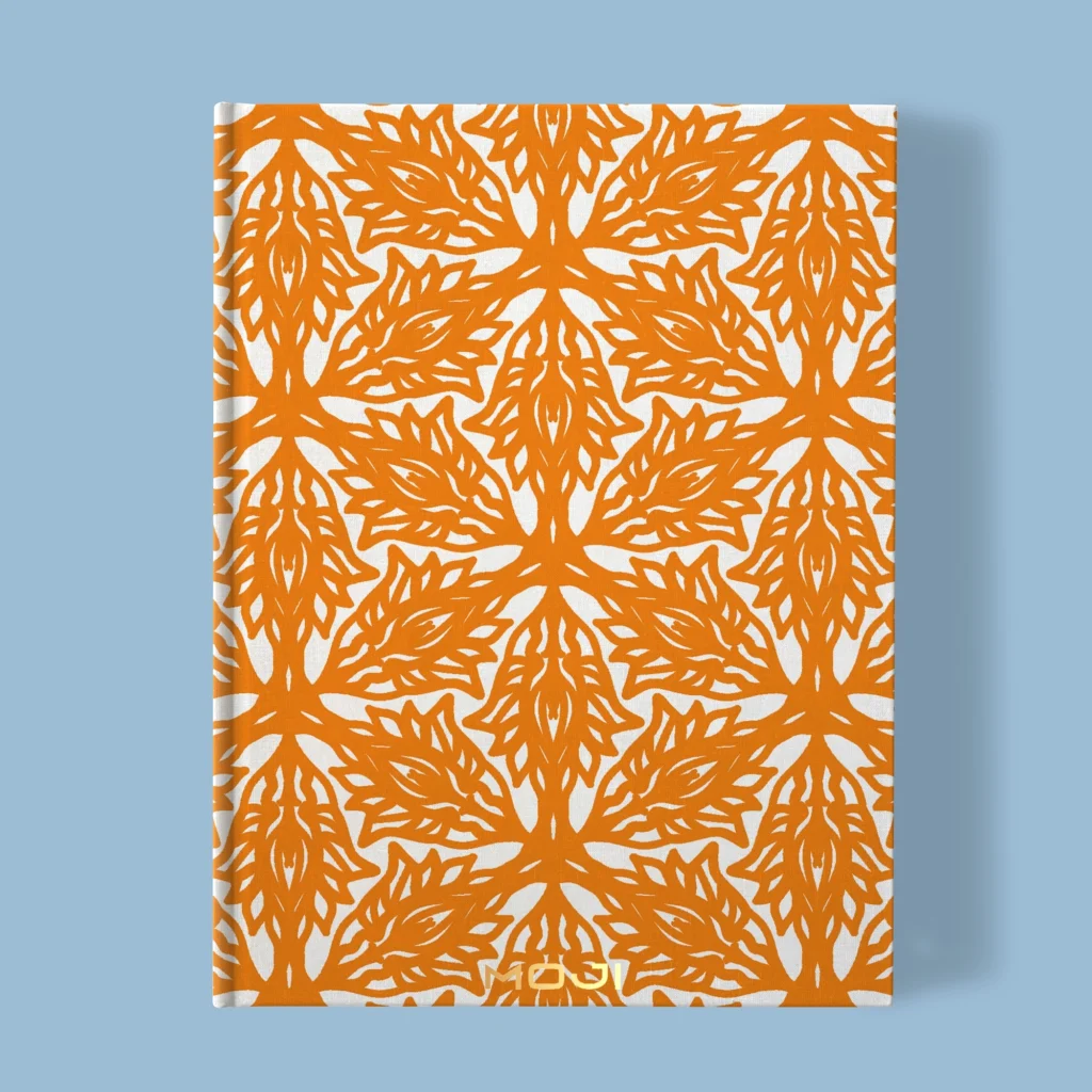 Hand-printed orange Flower Meadow notebook, organic fabric