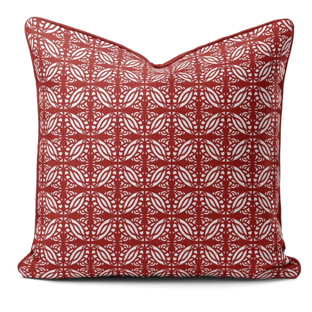 Hand-printed red persian love birds cushion, organic fabric
