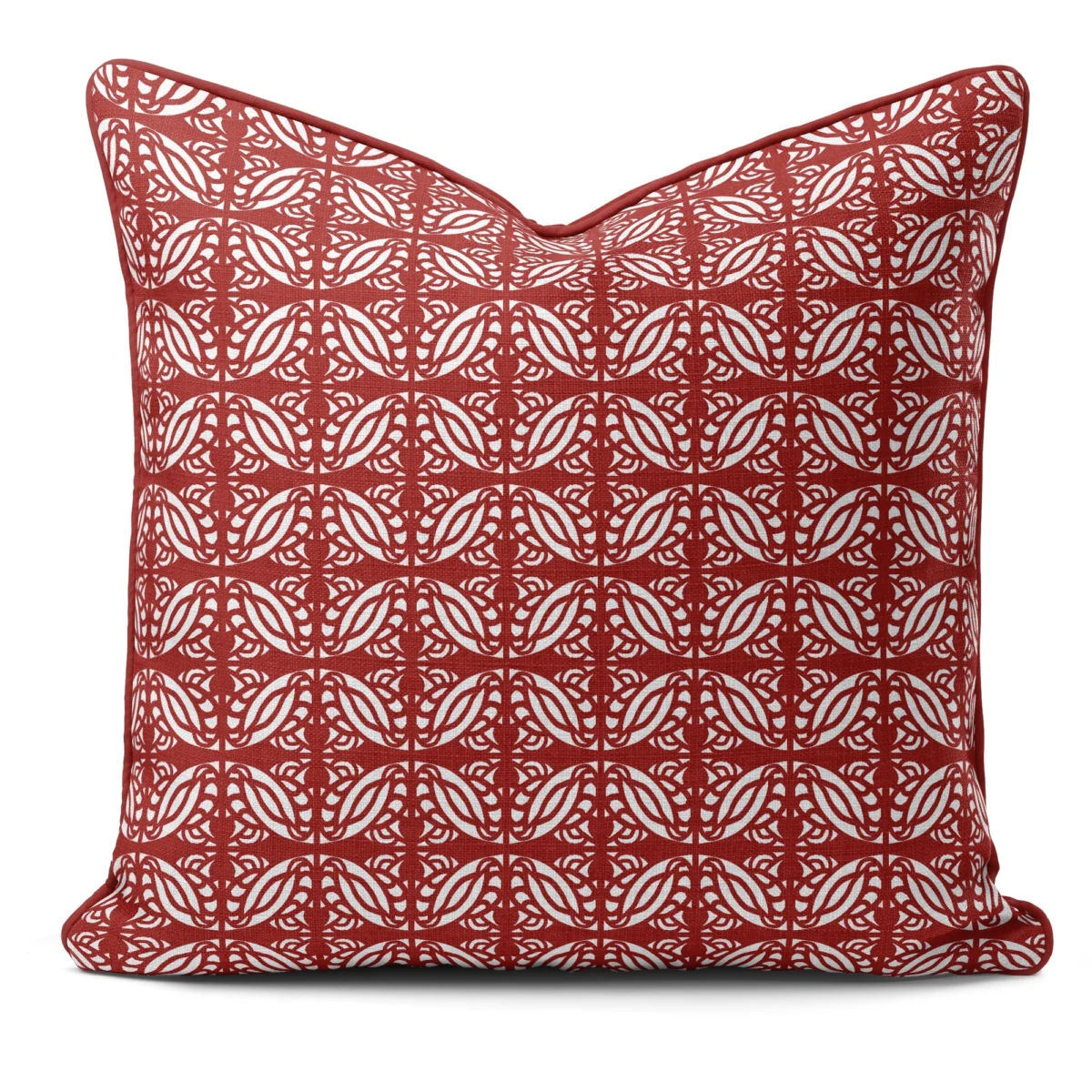 Hand-printed red persian love birds cushion, organic fabric