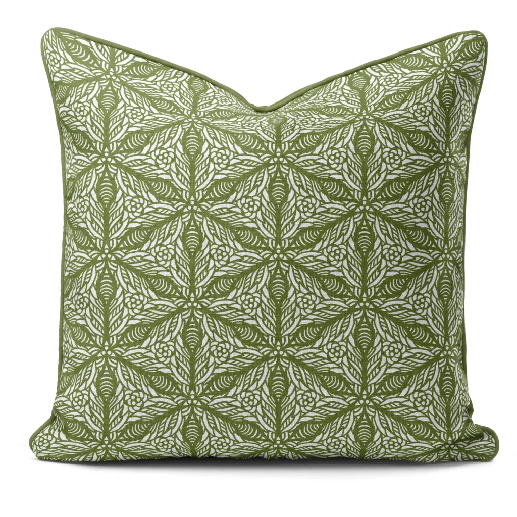 Hand-printed sage green persian lily cushion, organic fabric